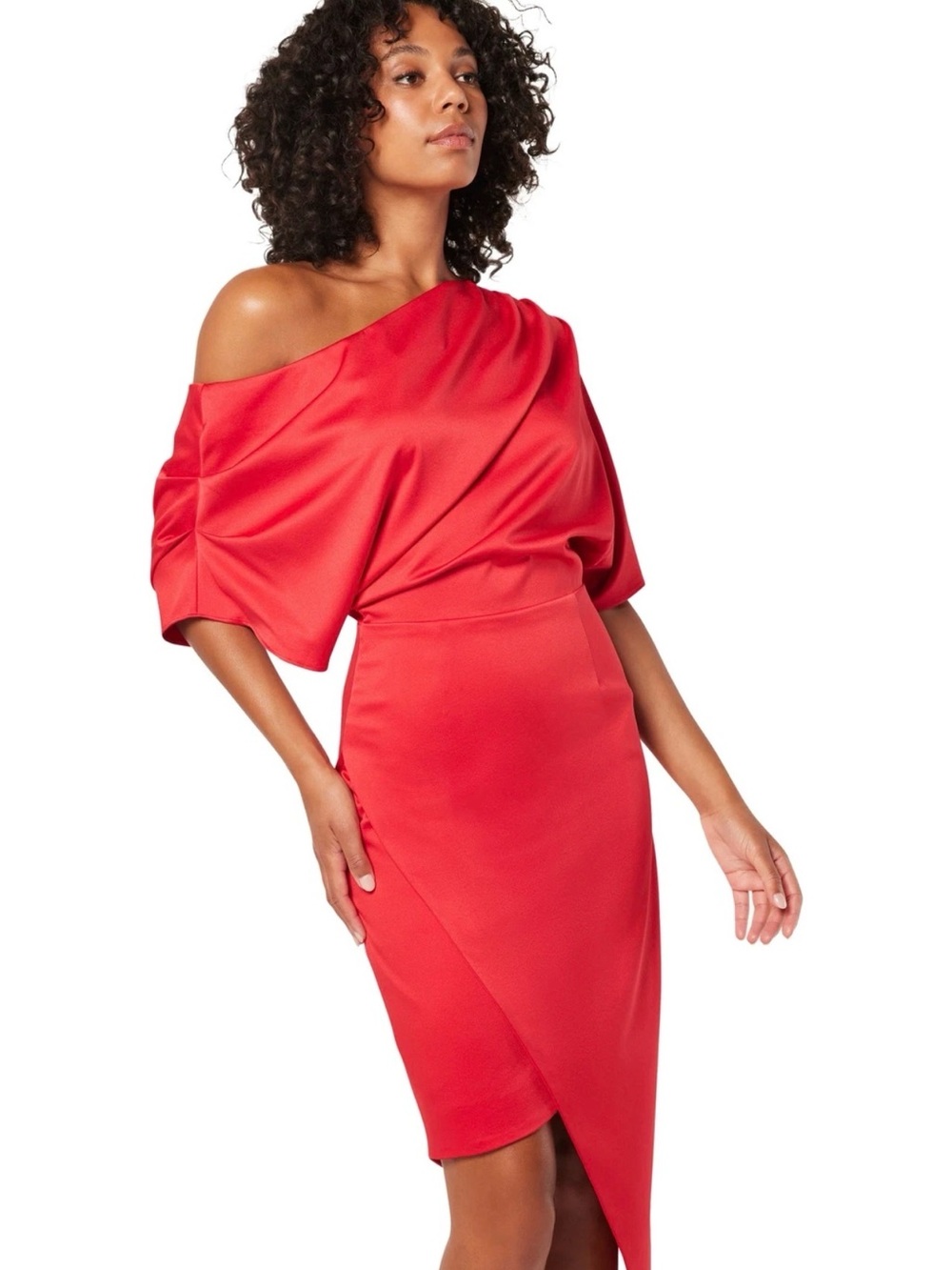 ELLIATT Carson Red One Shoulder Asymmetric Satin Midi Dress XS EUC